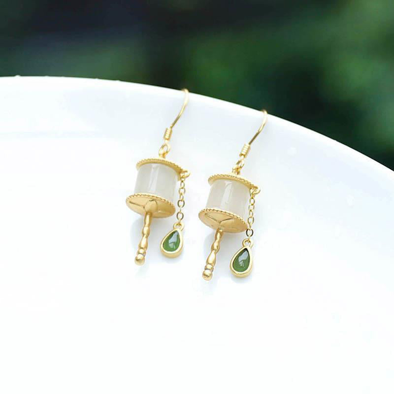 925 Sterling Silver Jade Prayer Wheel Luck Drop Earrings