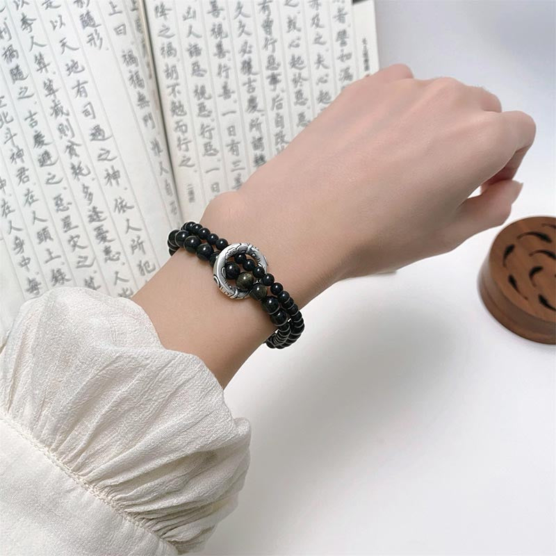 999 Sterling Silver Black Obsidian Fulfillment Strength Double Layer Bracelet