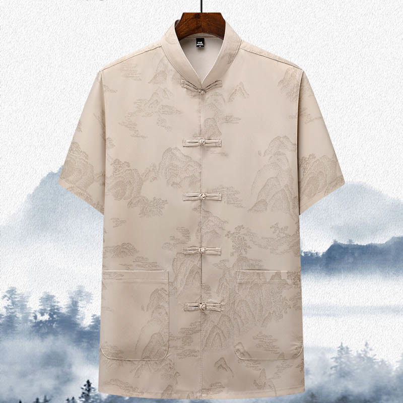 Mountains Trees Tang Suit Hanfu Traditional Uniform Short Sleeve Top Pants Clothing Men's Set