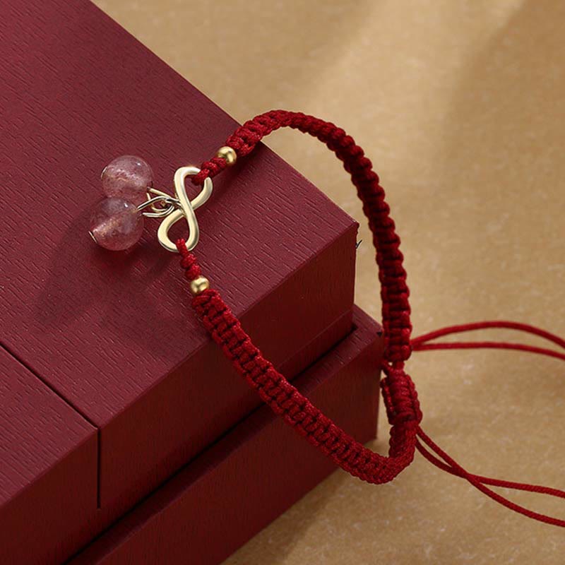 Adjustable Strawberry Quartz Crystal, Copper & Endless Knot Red String Woven Bracelet