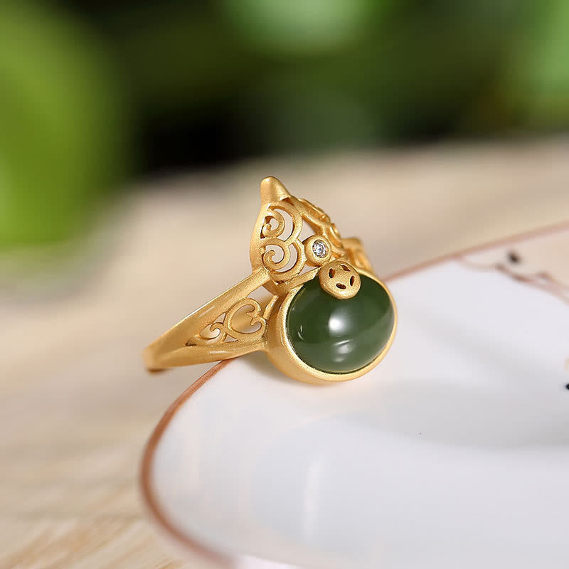 Gourd Cyan Jade Copper Coin Success Luck Adjustable Ring
