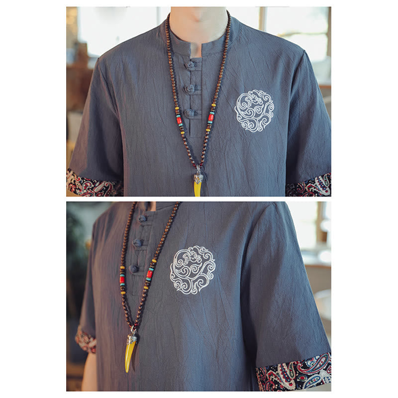 Frog-Button Dragon Embroidery Chinese Tang Suit Short Sleeve Shirt Linen Men Clothing