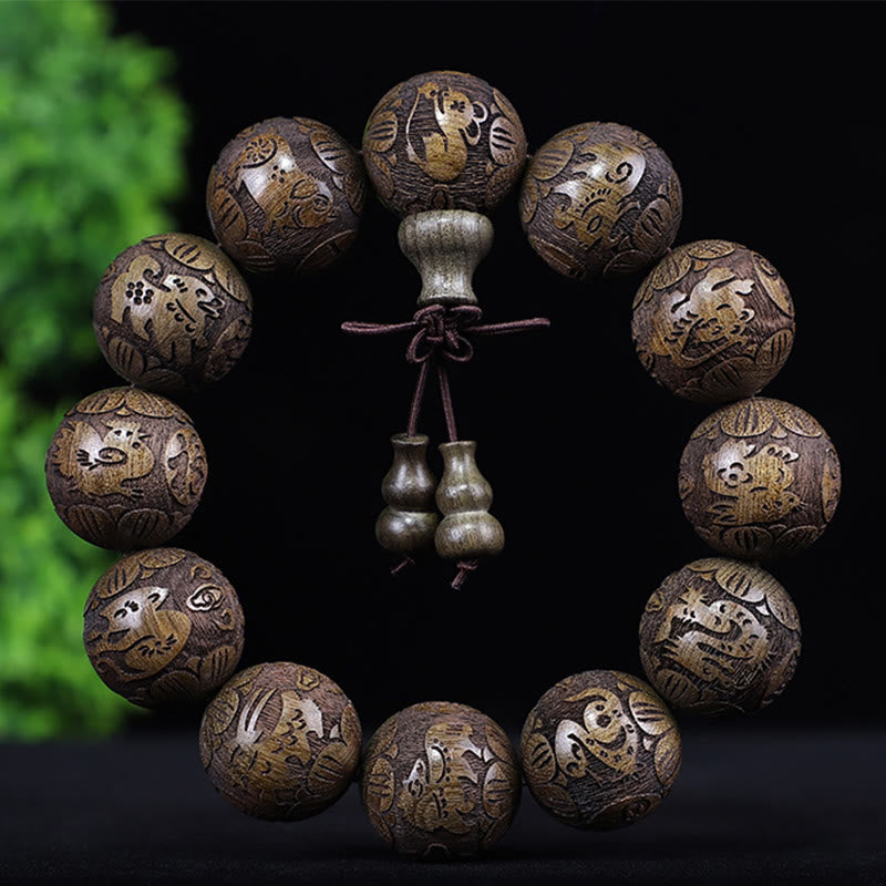 Chinese Zodiac Rosewood Ebony Copper Coin PiXiu Carved Warmth Bracelet