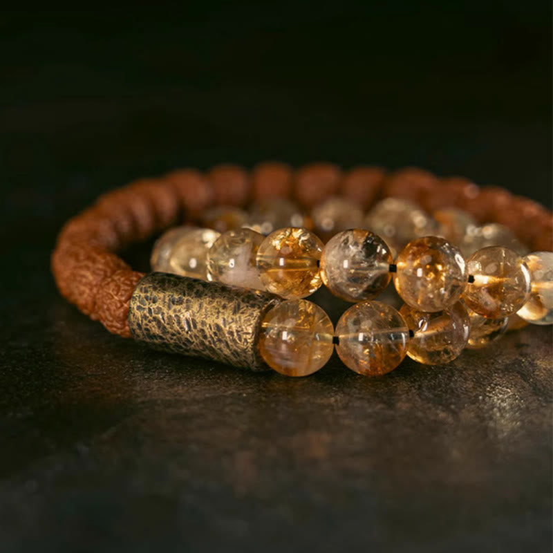 Natural Citrine Crystal Rudraksha Bodhi Seed Brass Bead Prosperity Double Wrap Bracelet