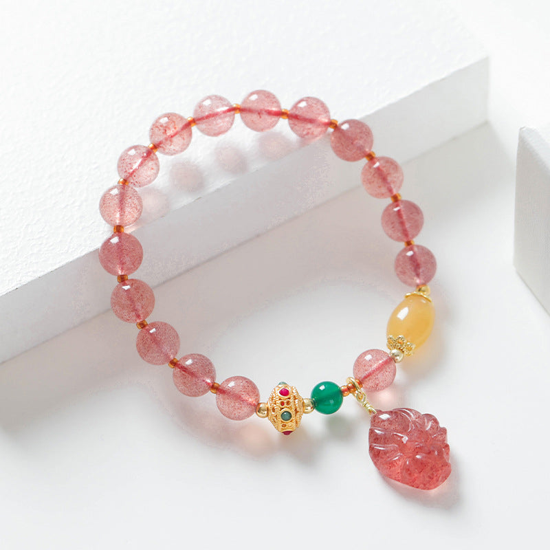 Natural Strawberry Quartz, Green Agate & Golden Silk Jade Nine-Tailed Fox Beaded Bracelet