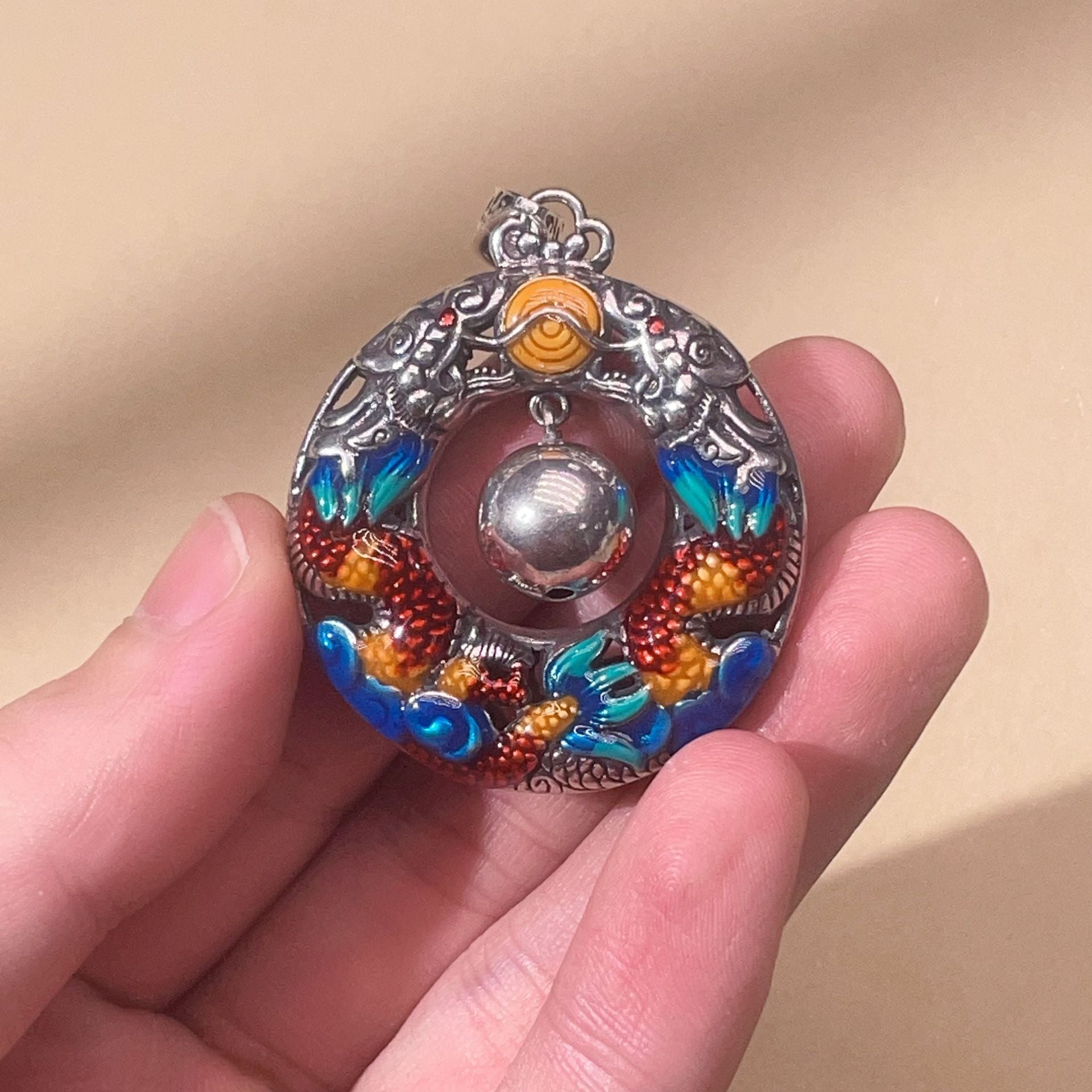 Year of the Dragon Colorful Double Dragons Playing Bead Copper Protection Necklace Pendant