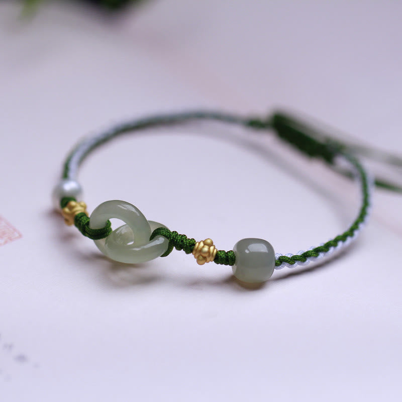 925 Sterling Silver Hetian Jade Double Peace Buckle Luck Braided Bracelet