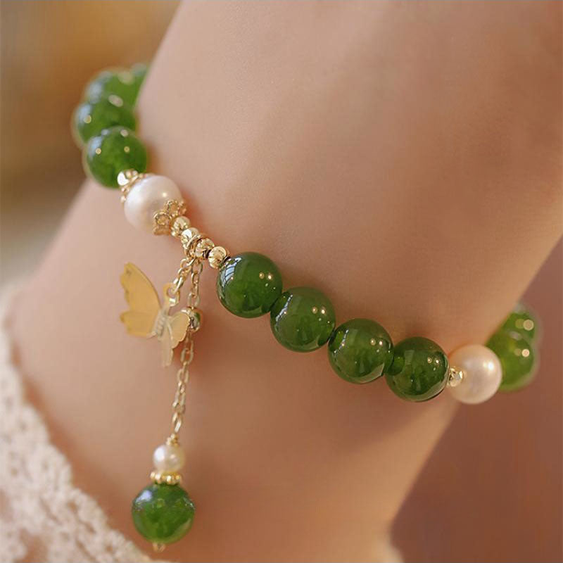 Natural Green Chalcedony and Pearl Butterfly Resilience Bracelet