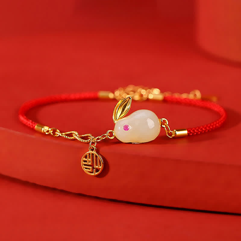 Sterling Silver & Hetian White Jade Red String Bracelet with Gold Buddha & Rabbit Accents
