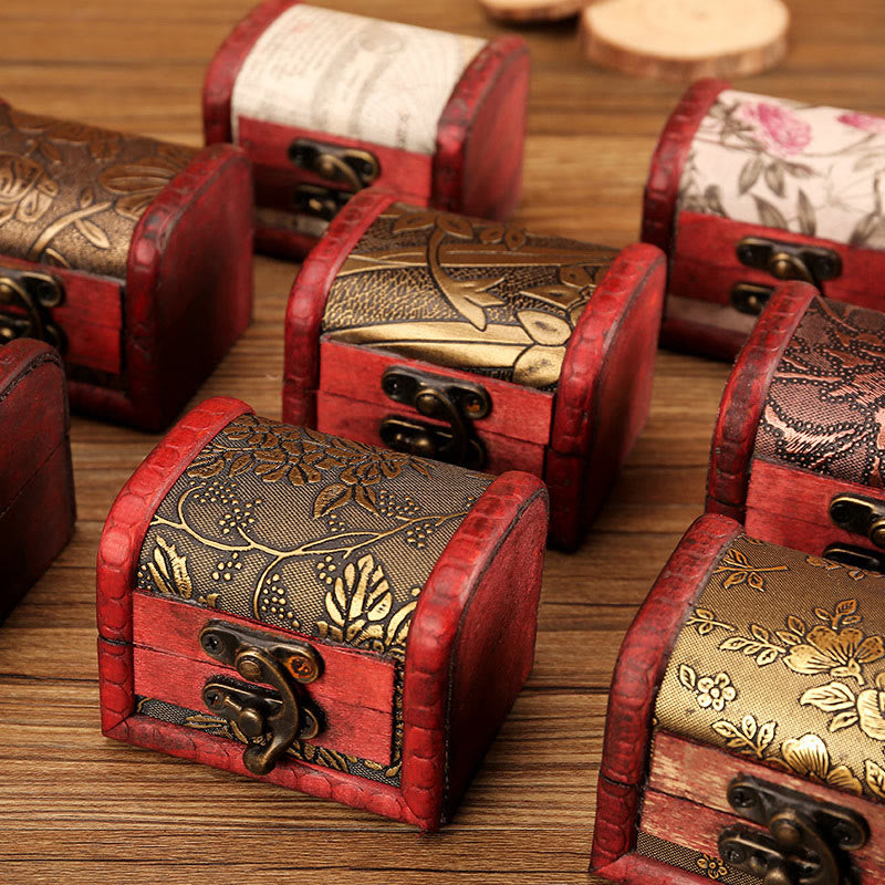Retro Small Wood Jewelry Box Lotus Golden Grape Copper Coin Daffodil Grass Flower Jewelry Storage Box
