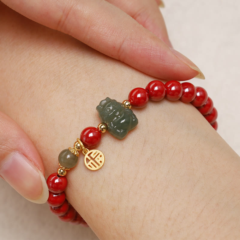 925 Sterling Silver Year of the Dragon Natural Cinnabar Hetian Jade Dragon Fu Character Ruyi As One Wishes Charm Blessing Bracelet