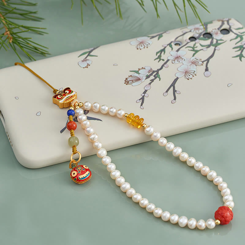 Natural Pearl Cinnabar Money Bag Bell Gold Swallowing Beast Dancing Lion Healing Phone Hanging Decoration