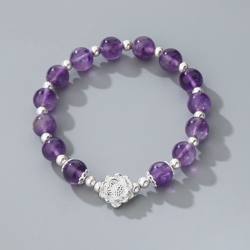 Natural Amethyst & 925 Sterling Silver Lotus Charm Handmade Stretch Bracelet