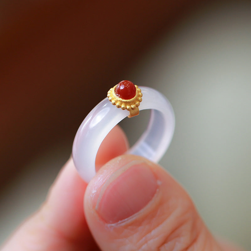 White Agate Cyan Jade Turquoise Red Agate Luck Protection Ring
