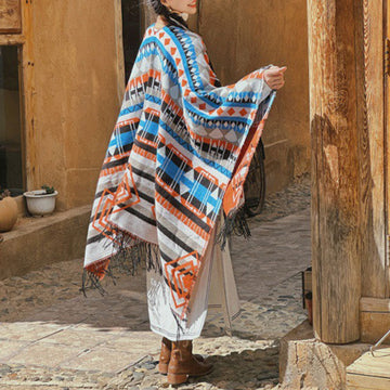 Tibetan Shawl Striped Geometric Pattern Winter Cozy Travel Tassel Scarf Wrap