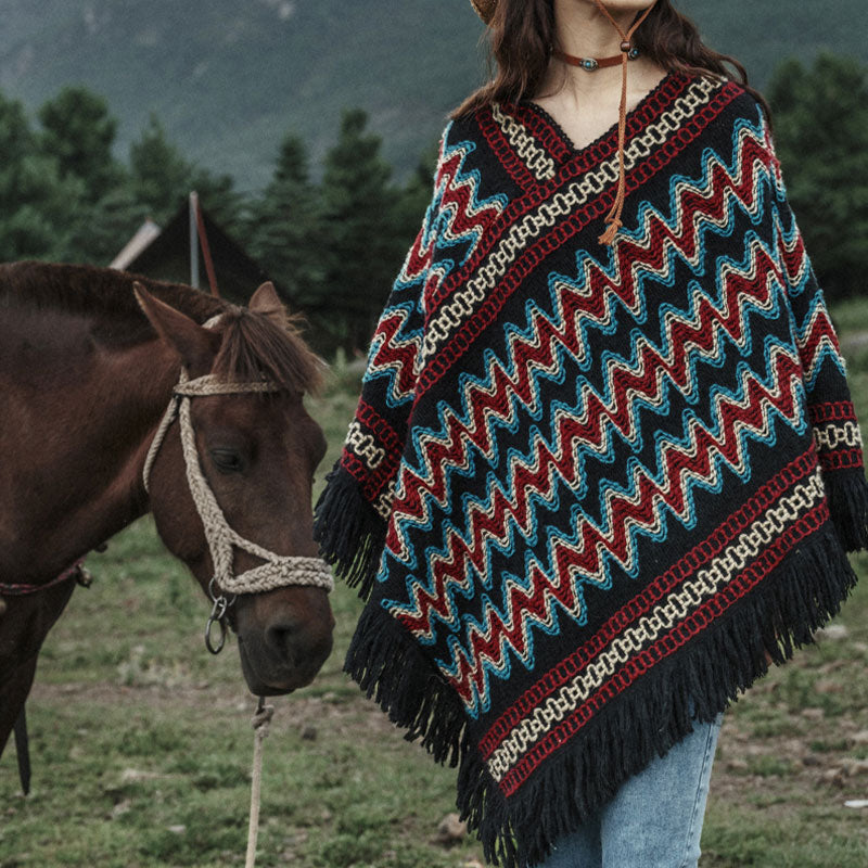 Tibetan Shawl Striped Knitted Tassels Pullover Winter Cozy Travel Scarf Wrap