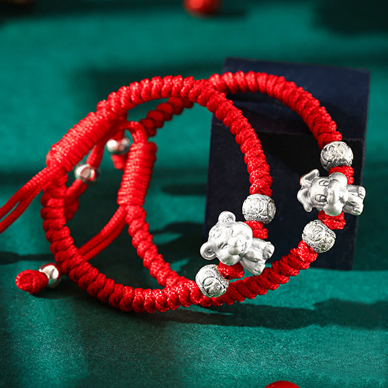Handcrafted 999 Sterling Silver Chinese Zodiac Vajra Knot Red String Kids Bracelet