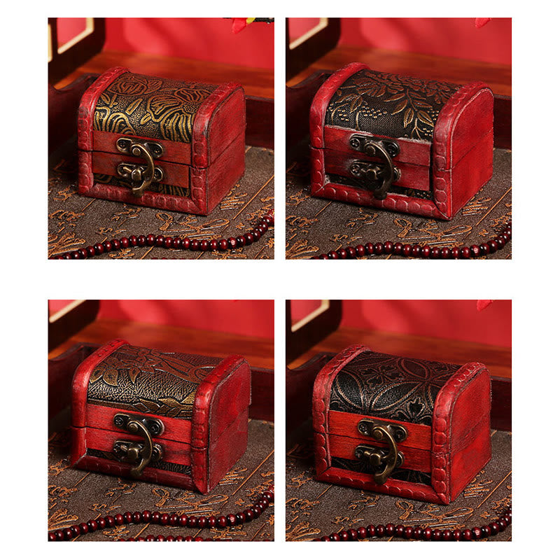 Retro Small Wood Jewelry Box Lotus Golden Grape Copper Coin Daffodil Grass Flower Jewelry Storage Box