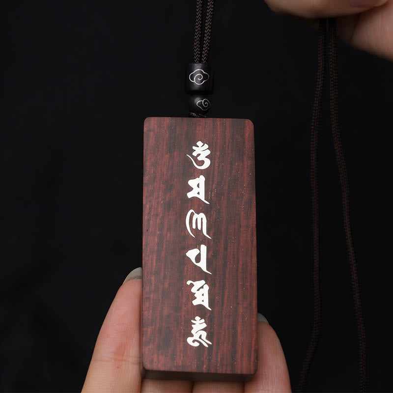 999 Sterling Silver Small Leaf Red Sandalwood Ebony Wood Om Mani Padme Hum Inlaid Protection Necklace Pendant