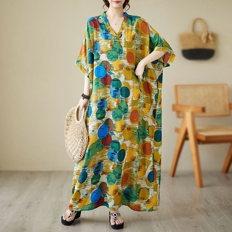 Orange Blue Colorful Polka Dots Midi Dress Cotton Half Sleeve Dress With Pockets