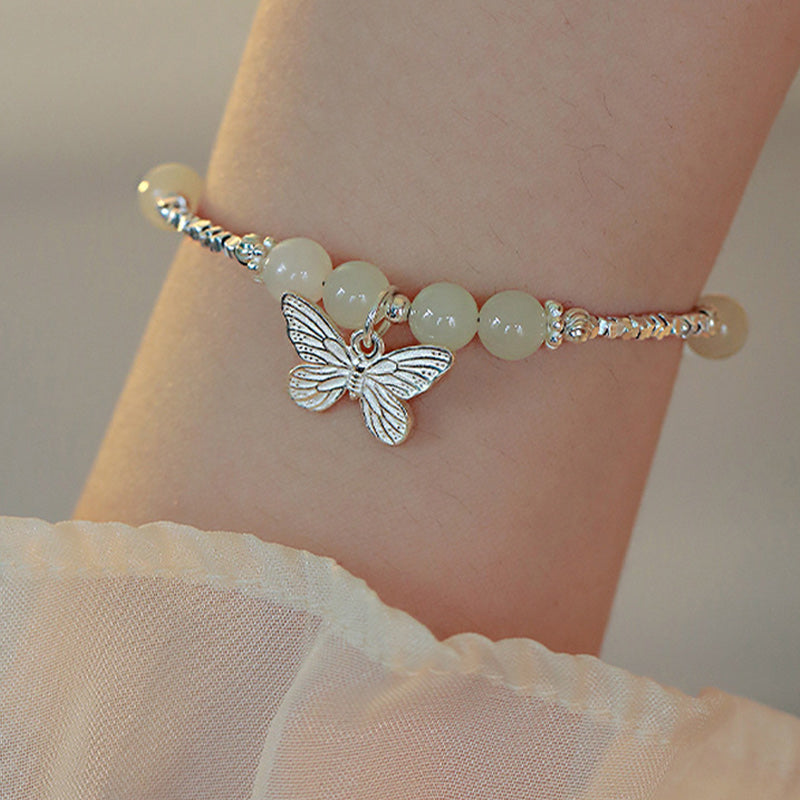 925 Sterling Silver Natural Hetian Jade Luck Butterfly Charm Bracelet