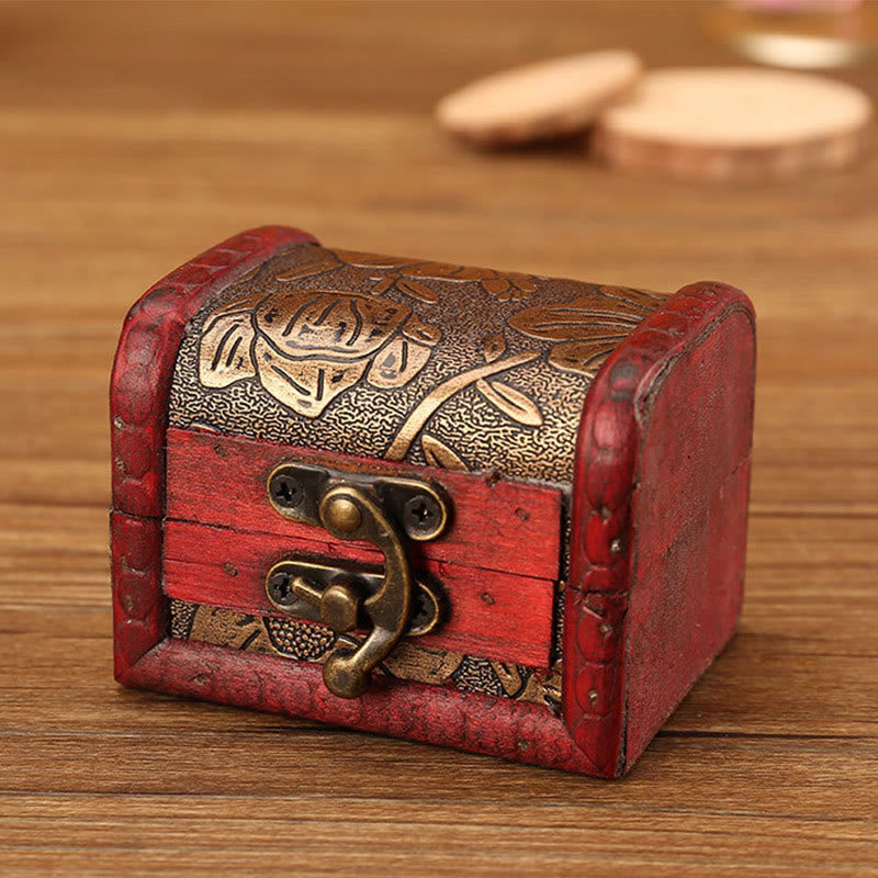 Retro Small Wood Jewelry Box Lotus Golden Grape Copper Coin Daffodil Grass Flower Jewelry Storage Box
