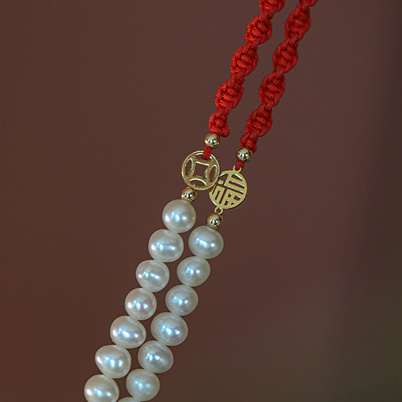 14K Gold Plated Pearl and Prosperity Symbol Braided Red String Bracelet