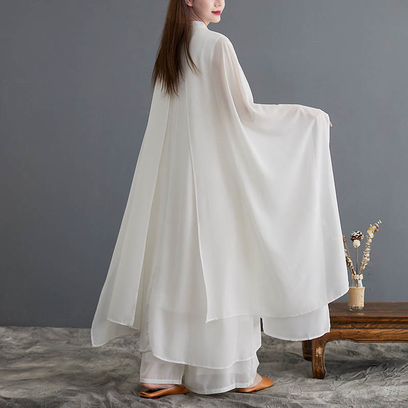 Chiffon Frog-Button Flowing Dress and Wide-Leg Meditation Set