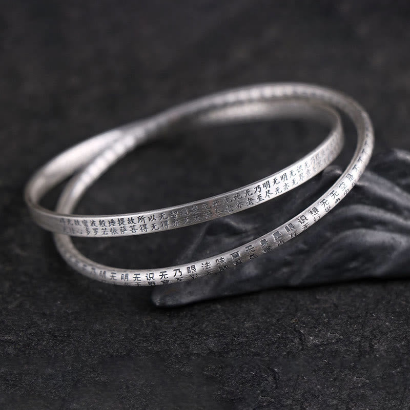 999 Sterling Silver Hand-Carved Heart Sutra Bangle Bracelet
