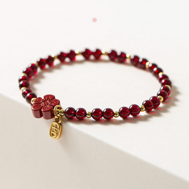 14K Gold Plated Natural Garnet Cinnabar Flower Calm Bracelet