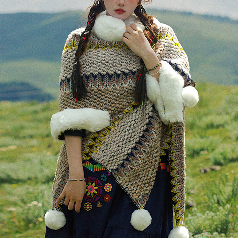 Tactile Striped Knitted Travel Meditation Tibetan Shawl