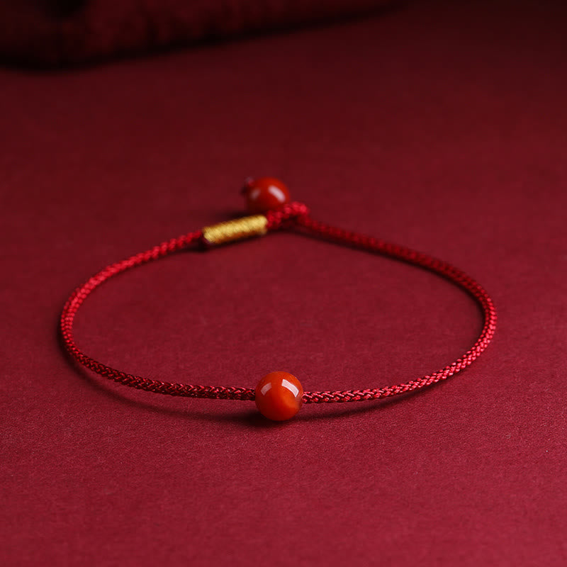 Natural Cinnabar or Red Agate Hand-Woven Red String Bracelet