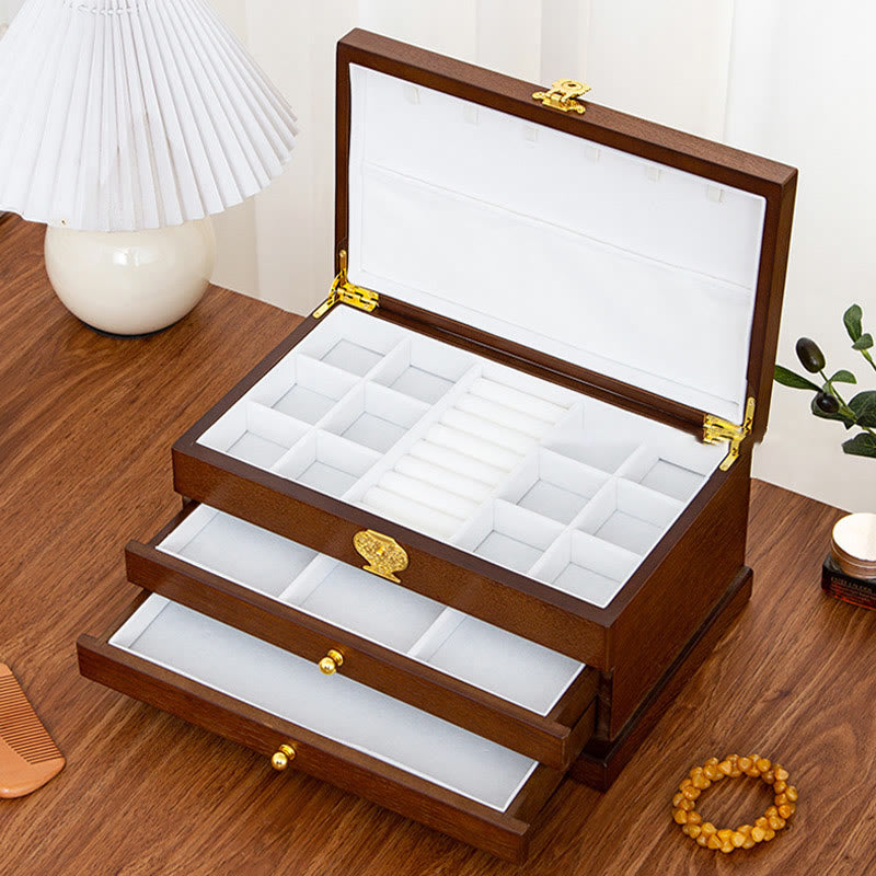 Retro Three-Layer Wooden Jewelry Storage Box & Organizer