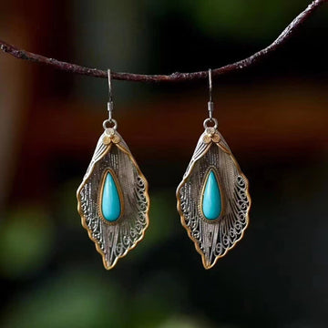 Bodhi Leaf Pattern 925 Sterling Silver Turquoise Dangle Drop Earrings