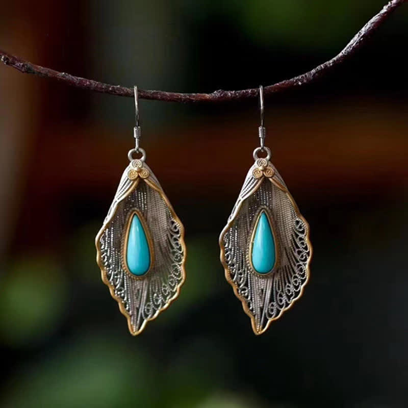 Bodhi Leaf Pattern 925 Sterling Silver Turquoise Dangle Drop Earrings