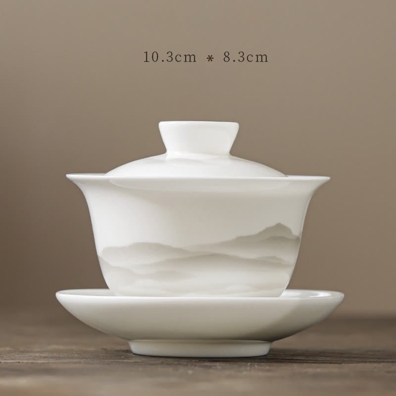 Vintage Ink Painting Mountain White Porcelain Ceramic Gaiwan Sancai Teacup Kung Fu Tea Cup And Saucer With Lid Tea Utensil Teapot