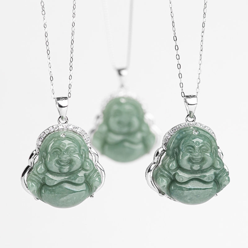925 Sterling Silver Laughing Buddha Jade Abundance Necklace Chain Pendant