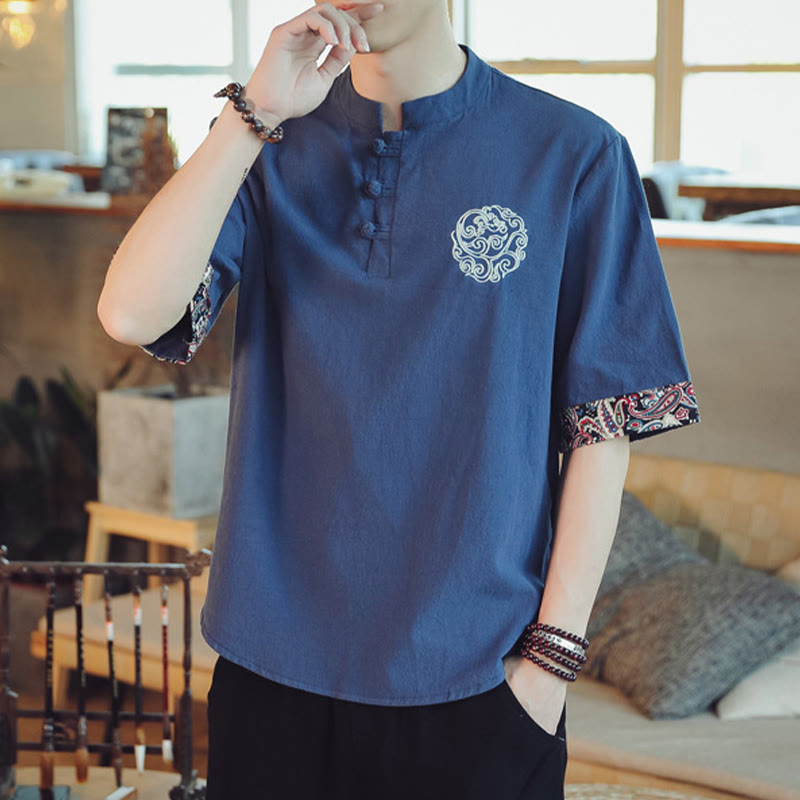 Frog-Button Dragon Embroidery Chinese Tang Suit Short Sleeve Shirt Linen Men Clothing