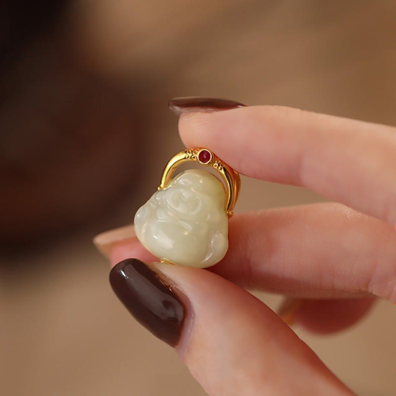 925 Sterling Silver Natural Hetian Jade Laughing Buddha Abundance Chain Necklace Pendant