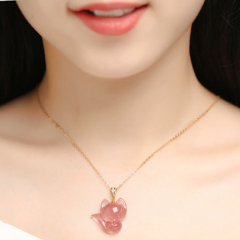 925 Sterling Silver Plated 14k Gold Strawberry Quartz Fox Healing Necklace Pendant
