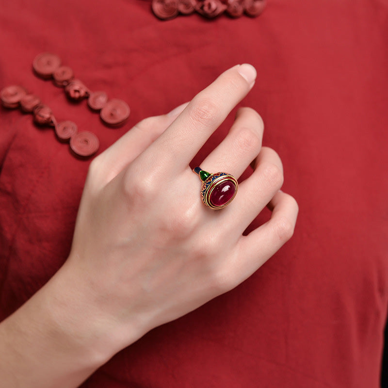 Adjustable 925 Sterling Silver Ruby Ring with Floral & Leaf Motifs