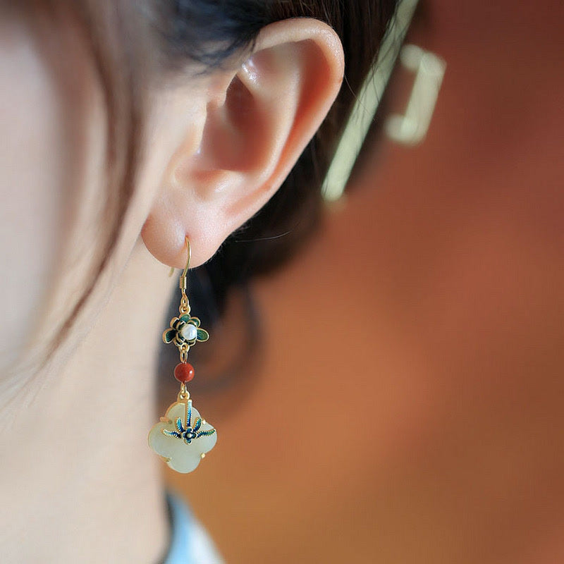 Lucky Four Leaf Clover Jade Abundance Copper Earrings