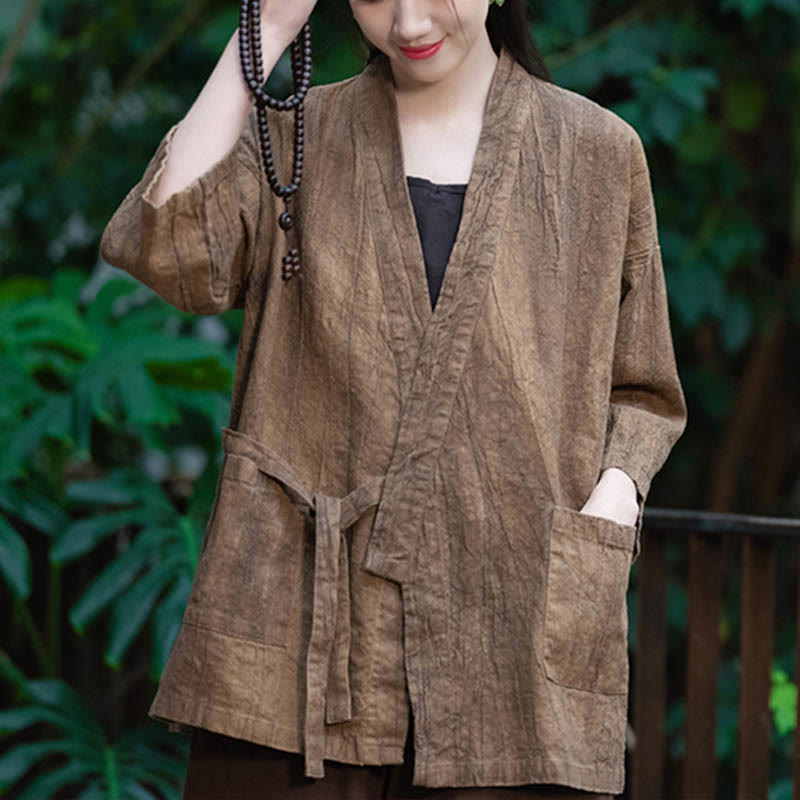 Hanfu Design Three Quarter Sleeve Ramie Linen Coat Open Front Top Jacket