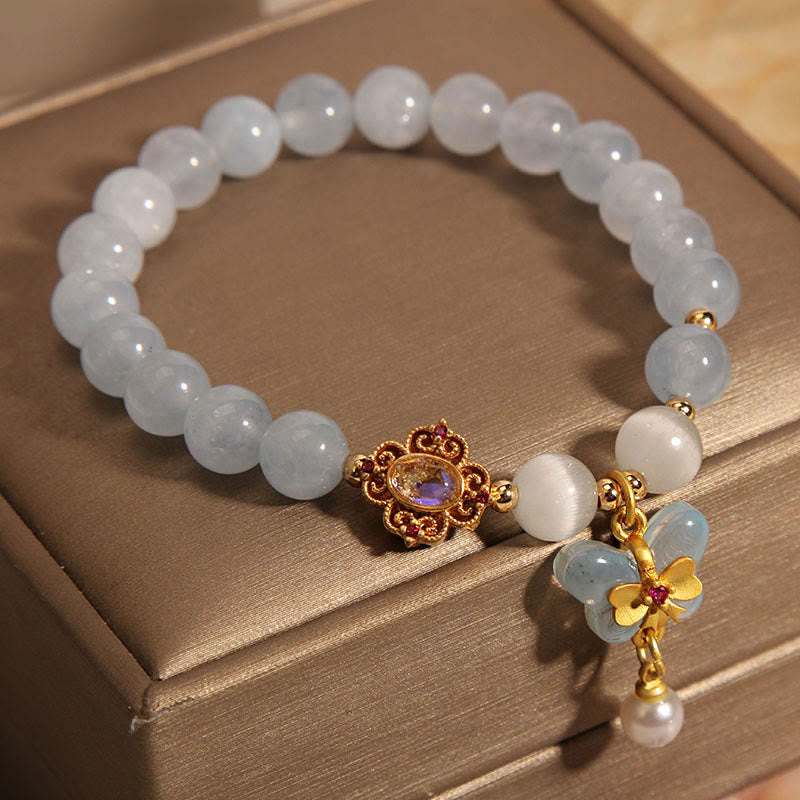 Aquamarine Cat's Eye Healing Butterfly Pearl Charm Bracelet