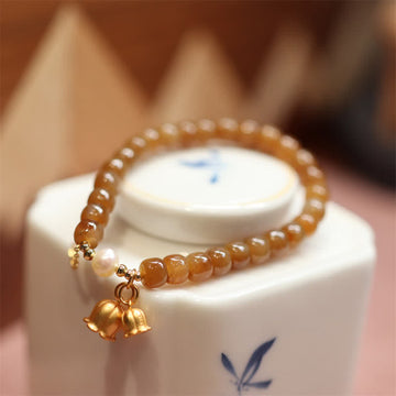 Natural Hetian Jade and Pearl Lily of the Valley 925 Sterling Silver Gold Plated Charm Bracelet