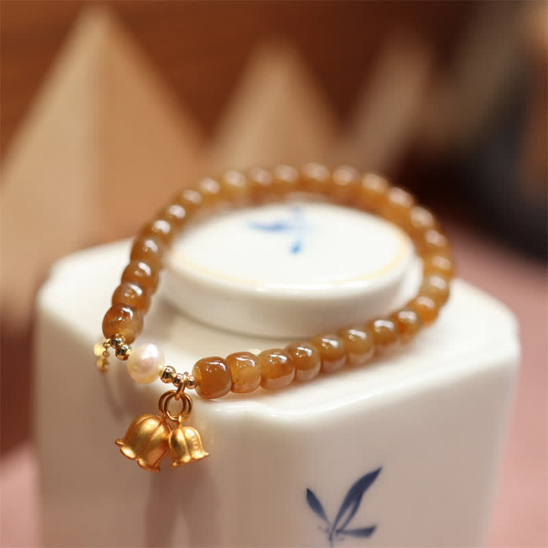 Natural Hetian Jade and Pearl Lily of the Valley 925 Sterling Silver Gold Plated Charm Bracelet