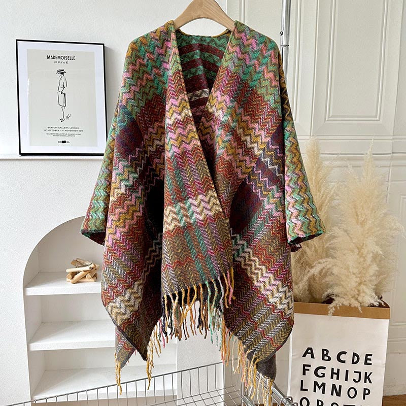 Tibetan Shawl Colorful Wavy Striped Shapes Tassels Winter Cozy Travel Scarf Wrap