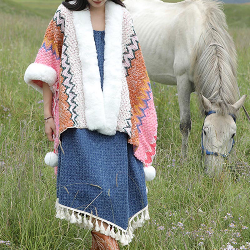 Tibetan Multicolored Wavy Lines Knitted Striped Shawl Coat Winter Cozy Travel Scarf Wrap