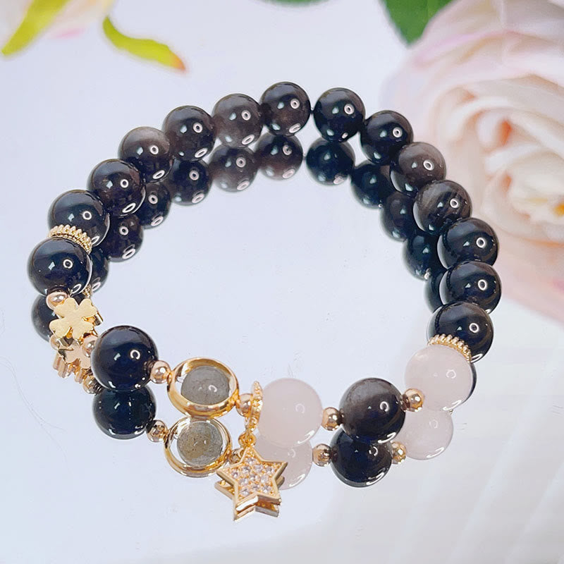 Natural Silver Sheen Obsidian Love Heart Star Flower Protection Bracelet