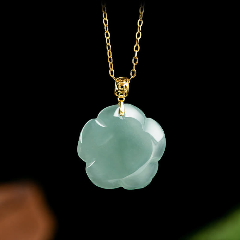 18K Gold Buckle 925 Sterling Silver Chain Natural Jade Rose Luck Necklace Pendant